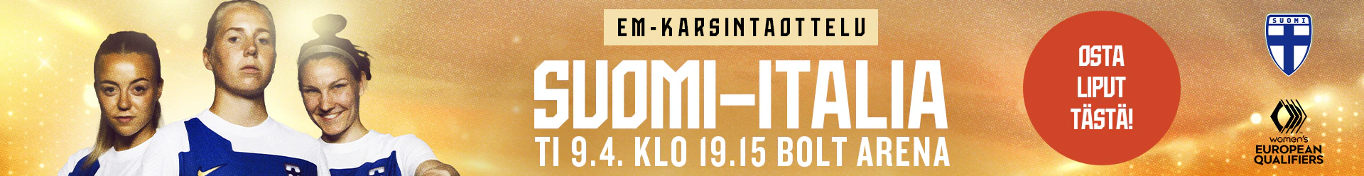 Ostal liput Helmareiden EM-karsintaotteluun Suomi–Italia, TI 9.4. klo 19.15 Helsingin Bolt Arenalla!