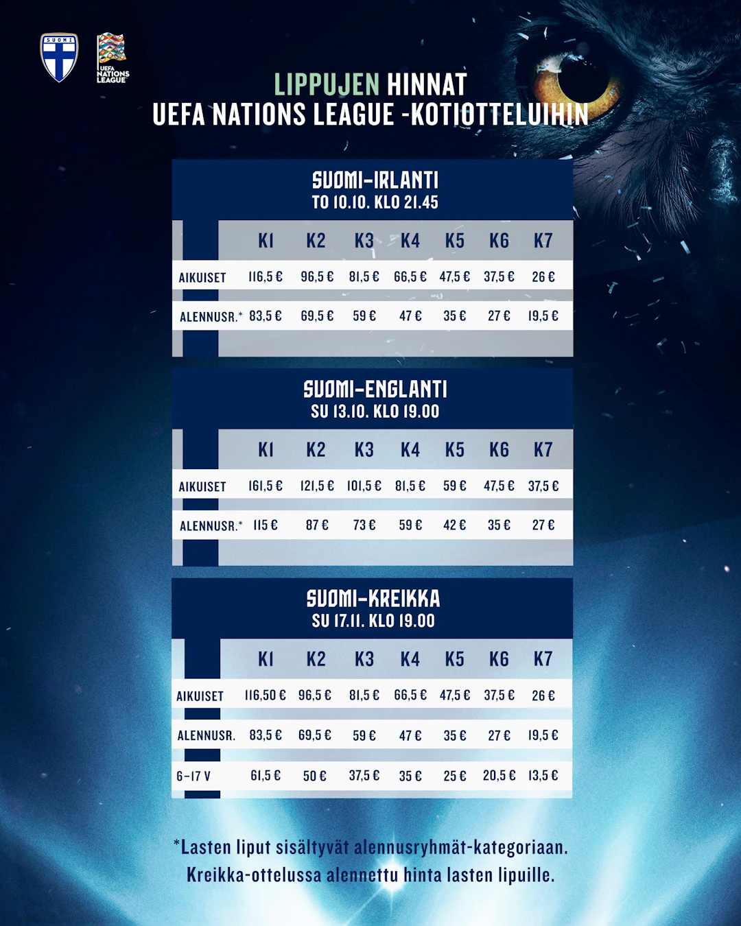 Yksittäisten lippujen hinnat UEFA Nations Leaguen kotiotteluihin