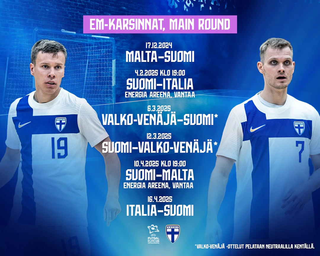 Miesten futsalmaajoukkueen otteluohjelma EM-karsintojen Main Roundilla.