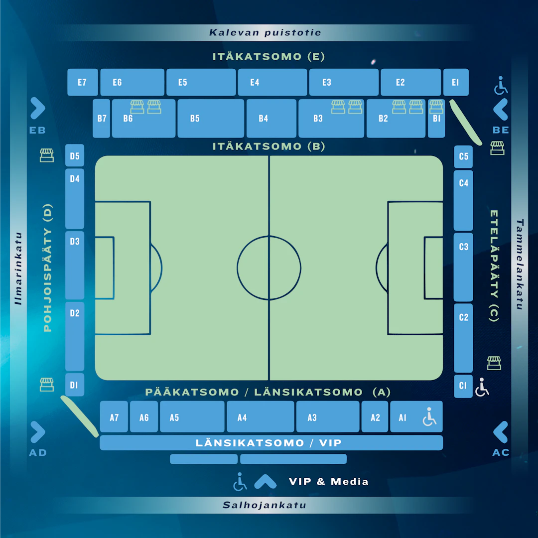 Tammelan Stadionin katsomokartta Pikkuhuuhkajien ottelutapahtumissa.