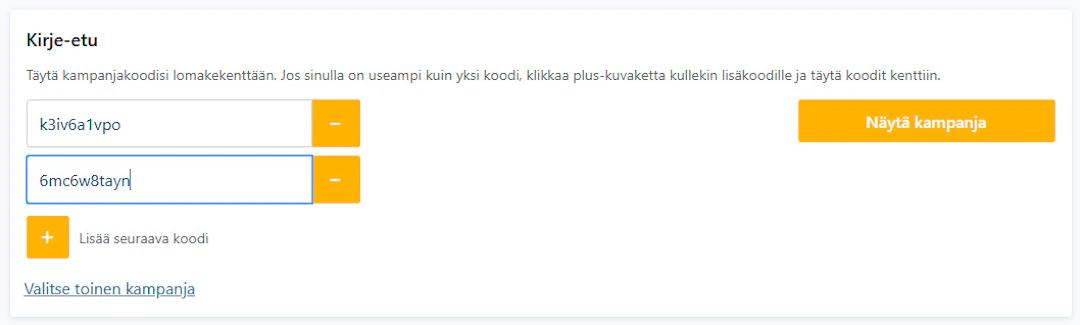 Näytä kampanja - useampi koodi
