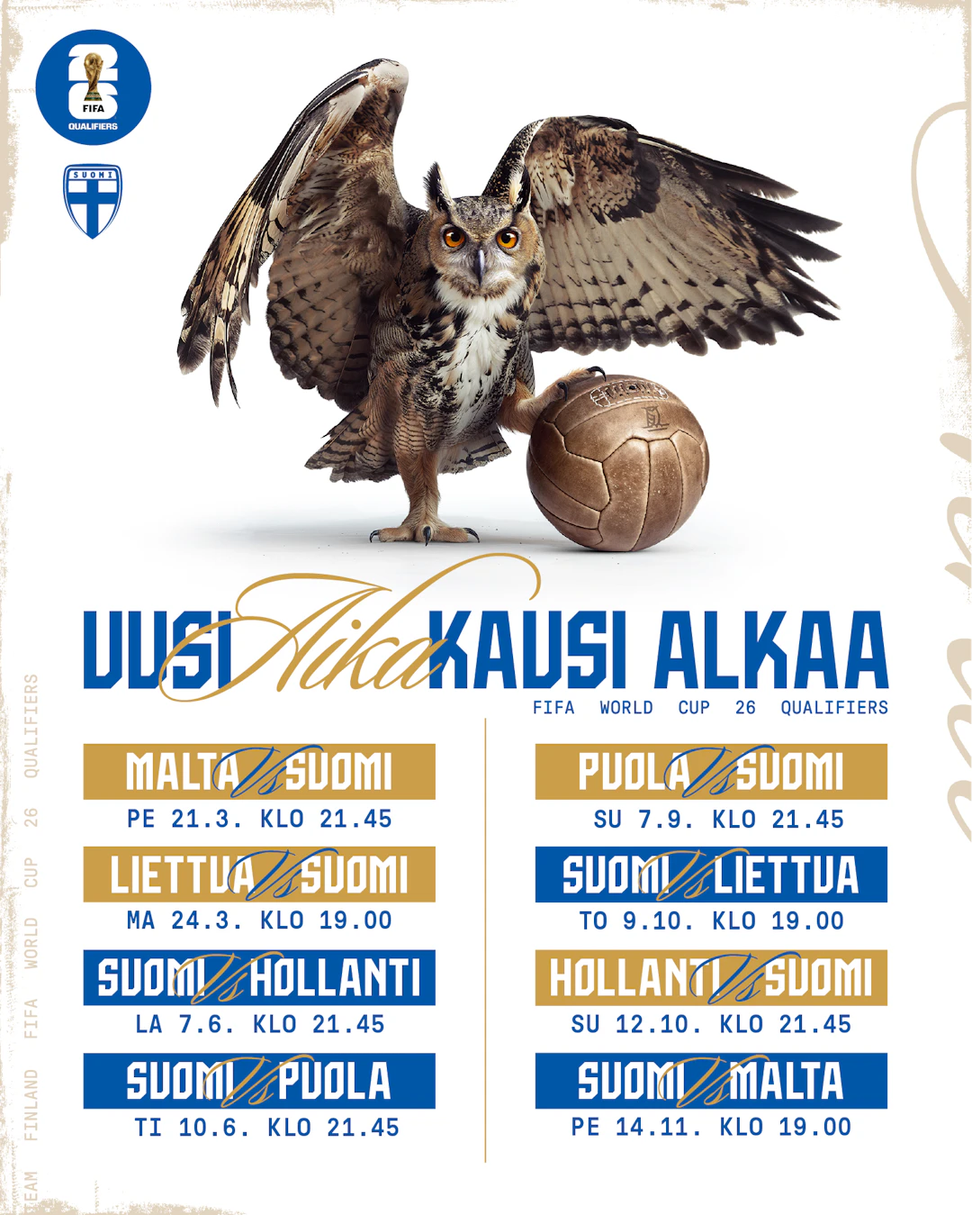 Huuhkajien otteluohjelma MM-karsinnoissa.