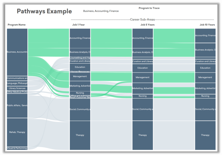 Example graphic that shows alumni career trajectory after graduation