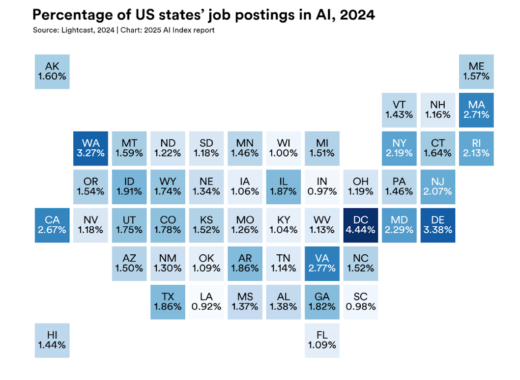 US map showing state-by-state share of job postings mentioning AI skills