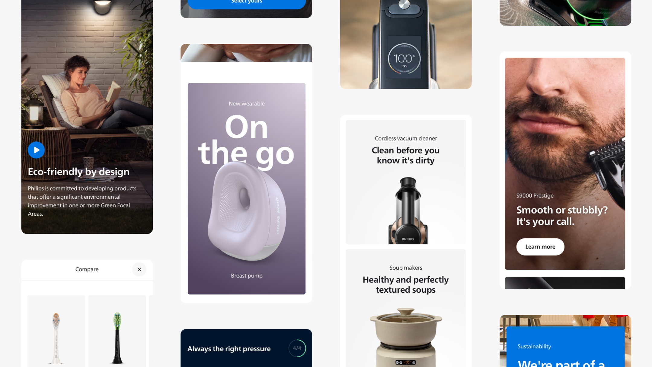 Various mobile views of the Philips website, such as; ecofriendly lights, toothbrushes, breast pump, vacuum cleaner, soup maker and electric shaver.