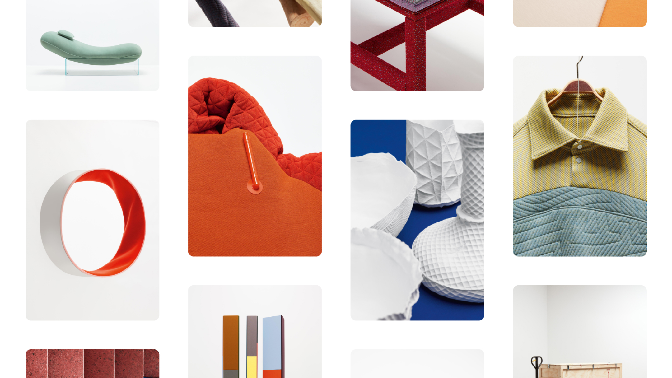 Collage of various textile related products, such as; a modern green lounge chair, ceramic vases and bowls and a detail of a shirt.
