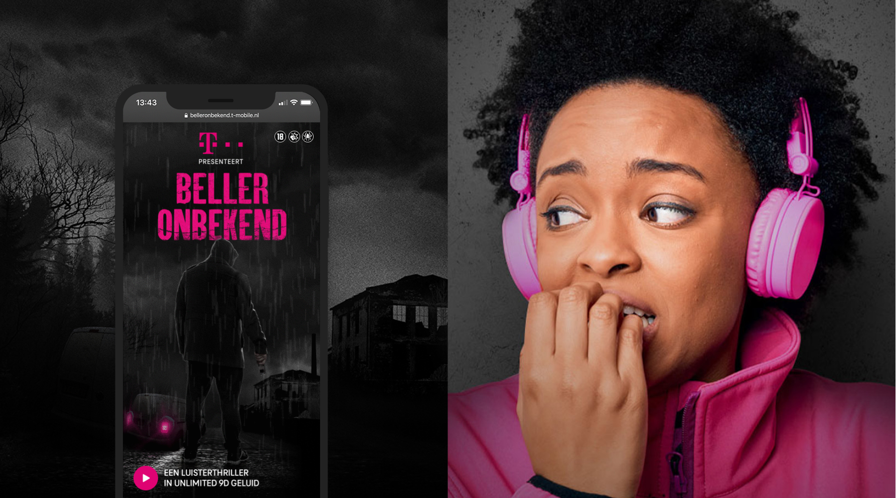 Image of a cellphone showing the landingpage of the "Beller onbekend" audio thriller book, and a second image of a scared woman biting her nails wearing pink headphones.