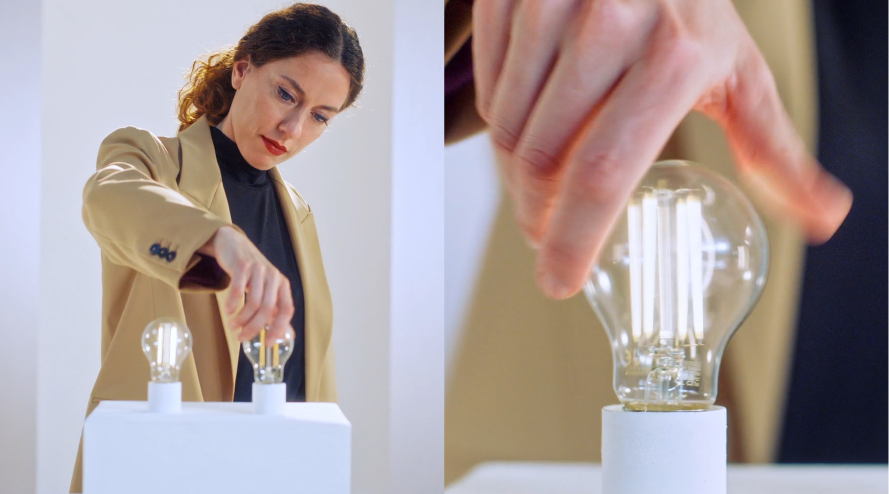 Solar Designer Marjan van Aubel is screwing in a lightbulb