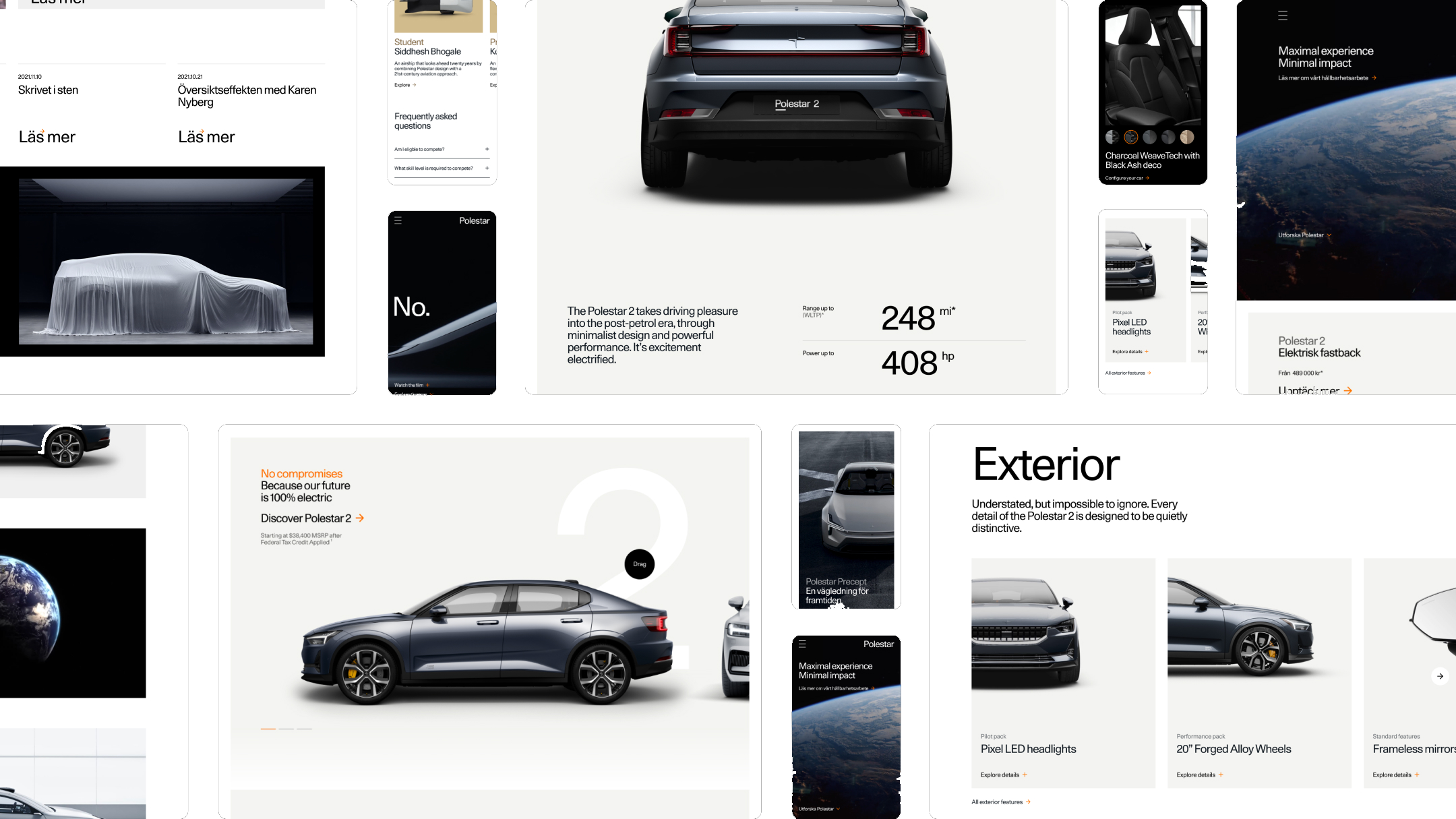 Grid with various screens from the Polestar 2 pages, such as; a Polestar 2 covered with a white sheet, shot of the back of the Polestar 2 with USPs regarding range and power, detail shots of the interiour materials, detail shot of thye headlights, images of the earth viewed from space, sideshot and exterior detail shots of the Polestar 2.