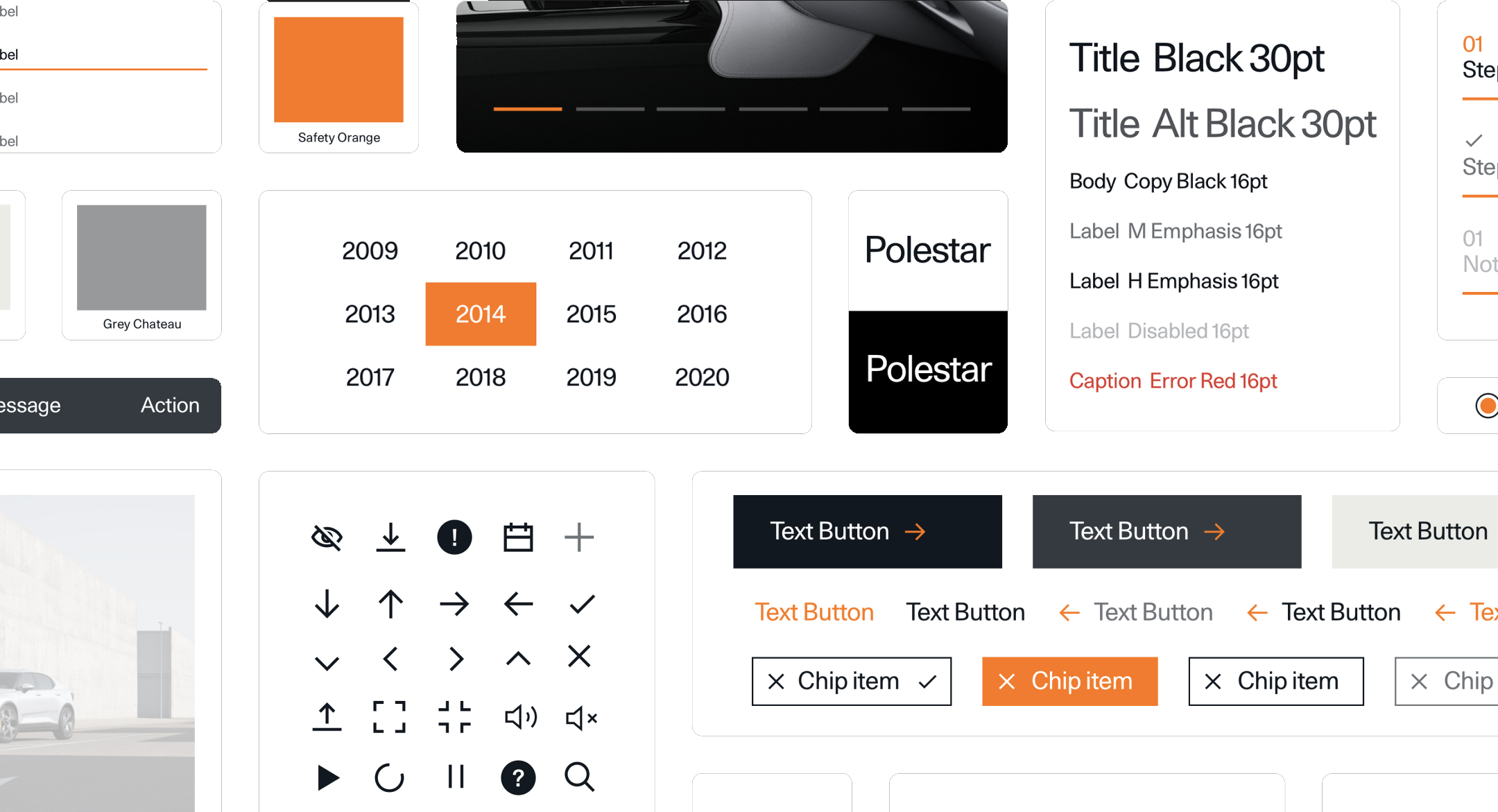 Grid with various examples of the style elements used for Polestar, such as; colour examples of oragnge and grey, various buttons, icons, font and fontsizes.