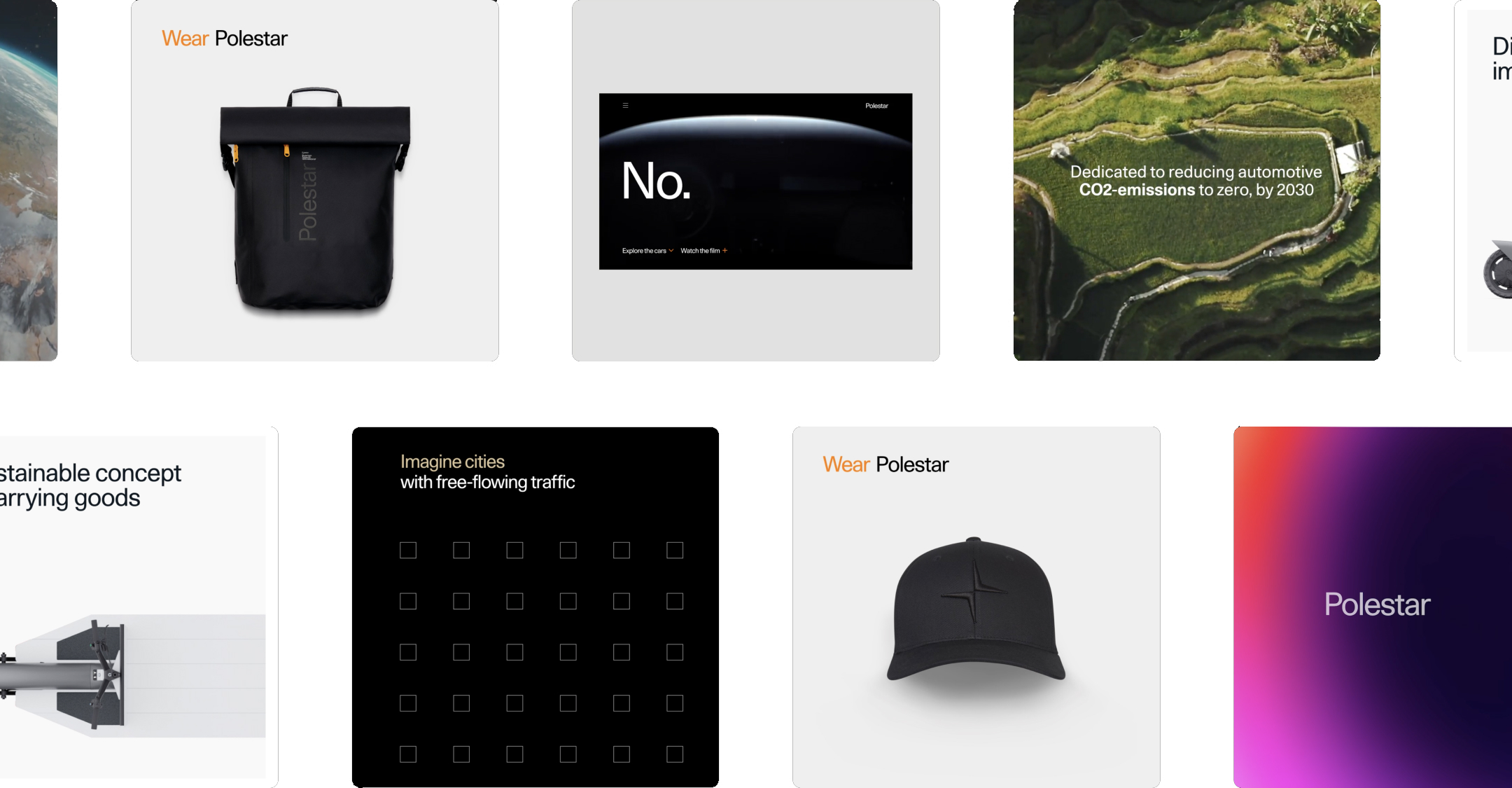 Grid with various screens from the Polestar website, such as; a backpack, baseball cap, tablet screen and helocopter view of a green landscape.