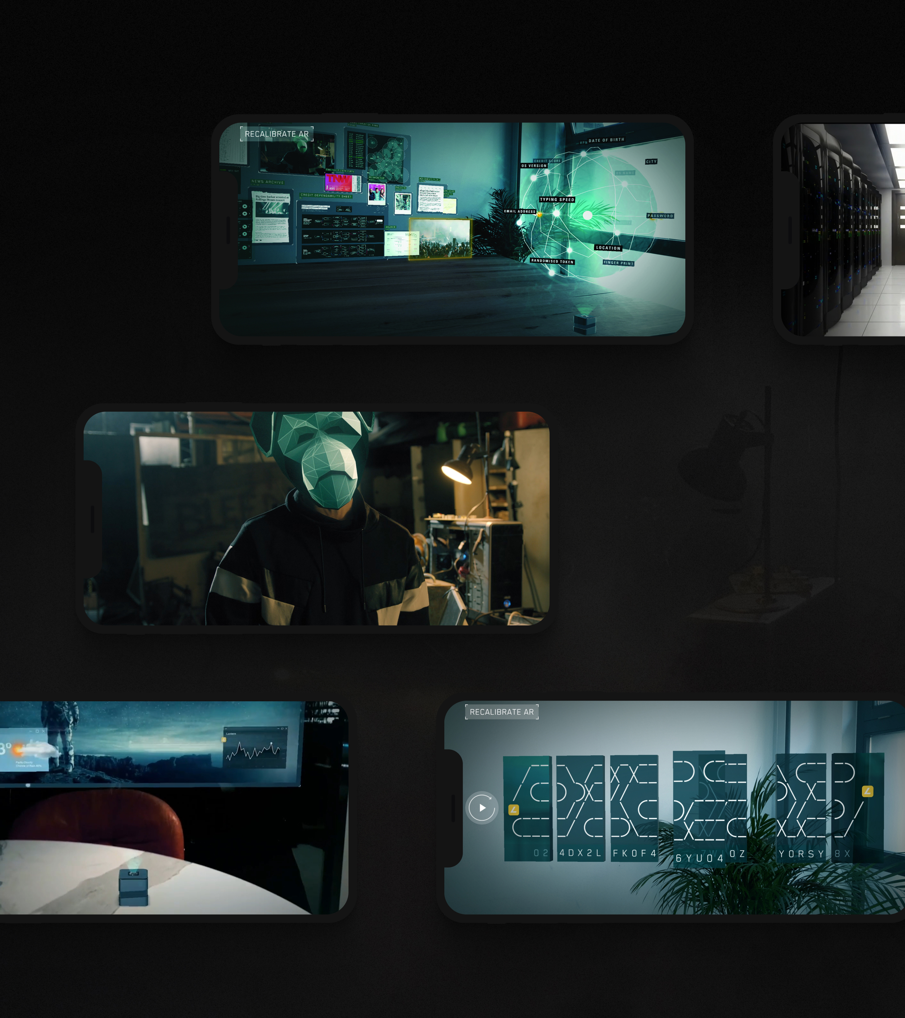 Various mobile views of the ABN AMRO Lockdown game, such as an example of the AR elements in a living space and a person wearing an ape mask