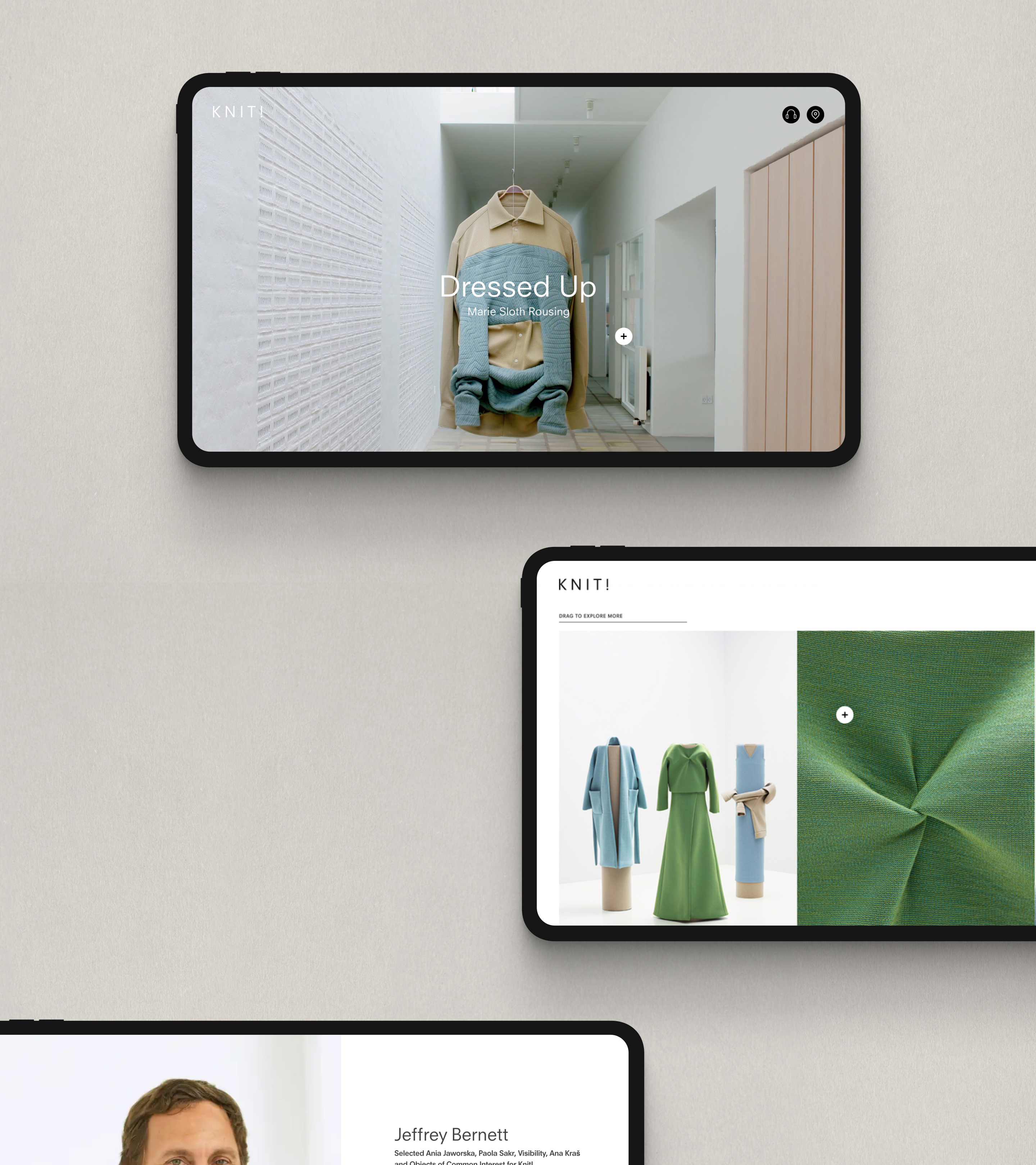 Various mobile screens showing work related to the Knit project, such as a collard shirt on a hanger that is made out of two different fabrics.