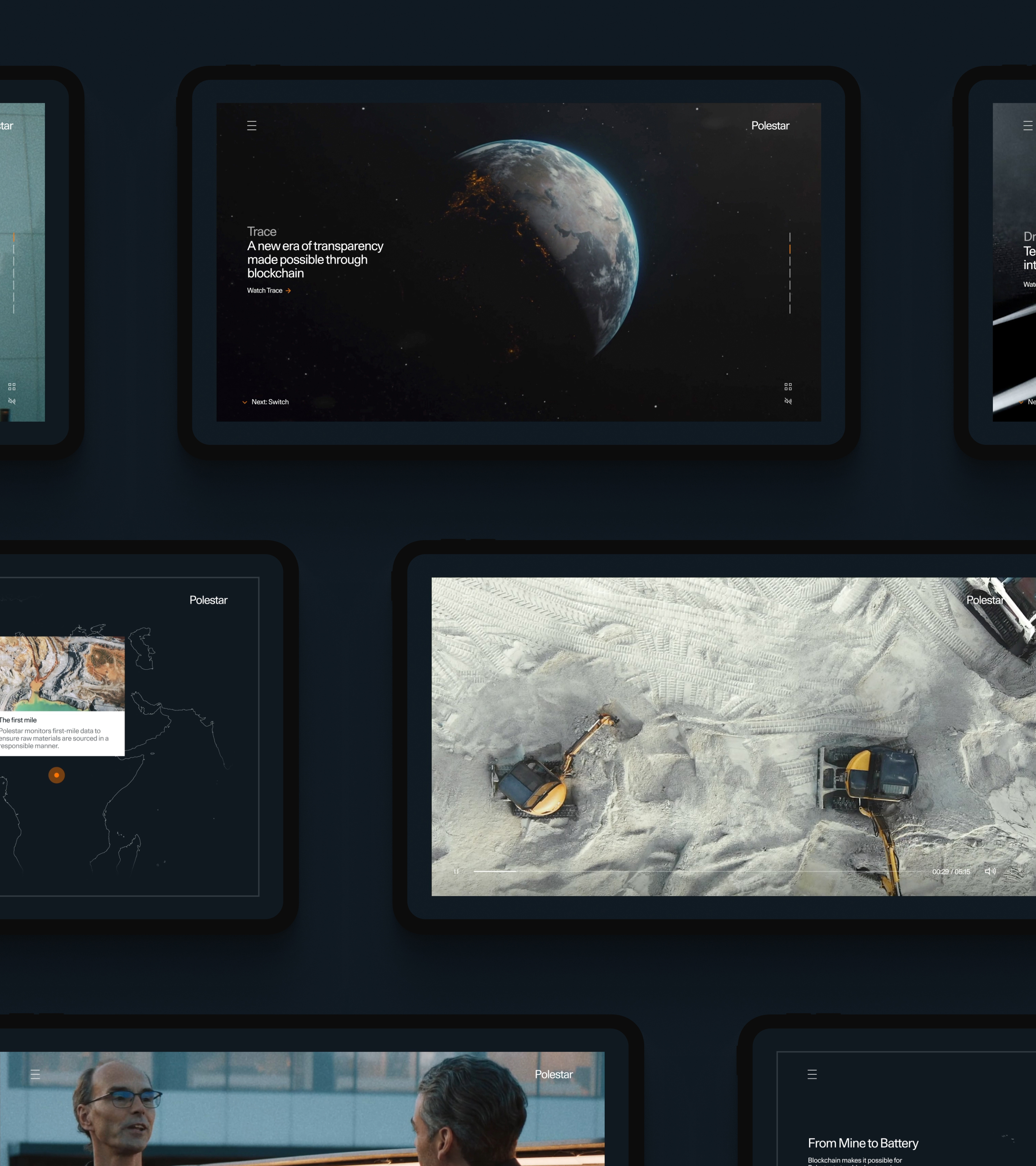 Various mobile views of the Polestar Making aNew website, main example is a screen showing the earth from space