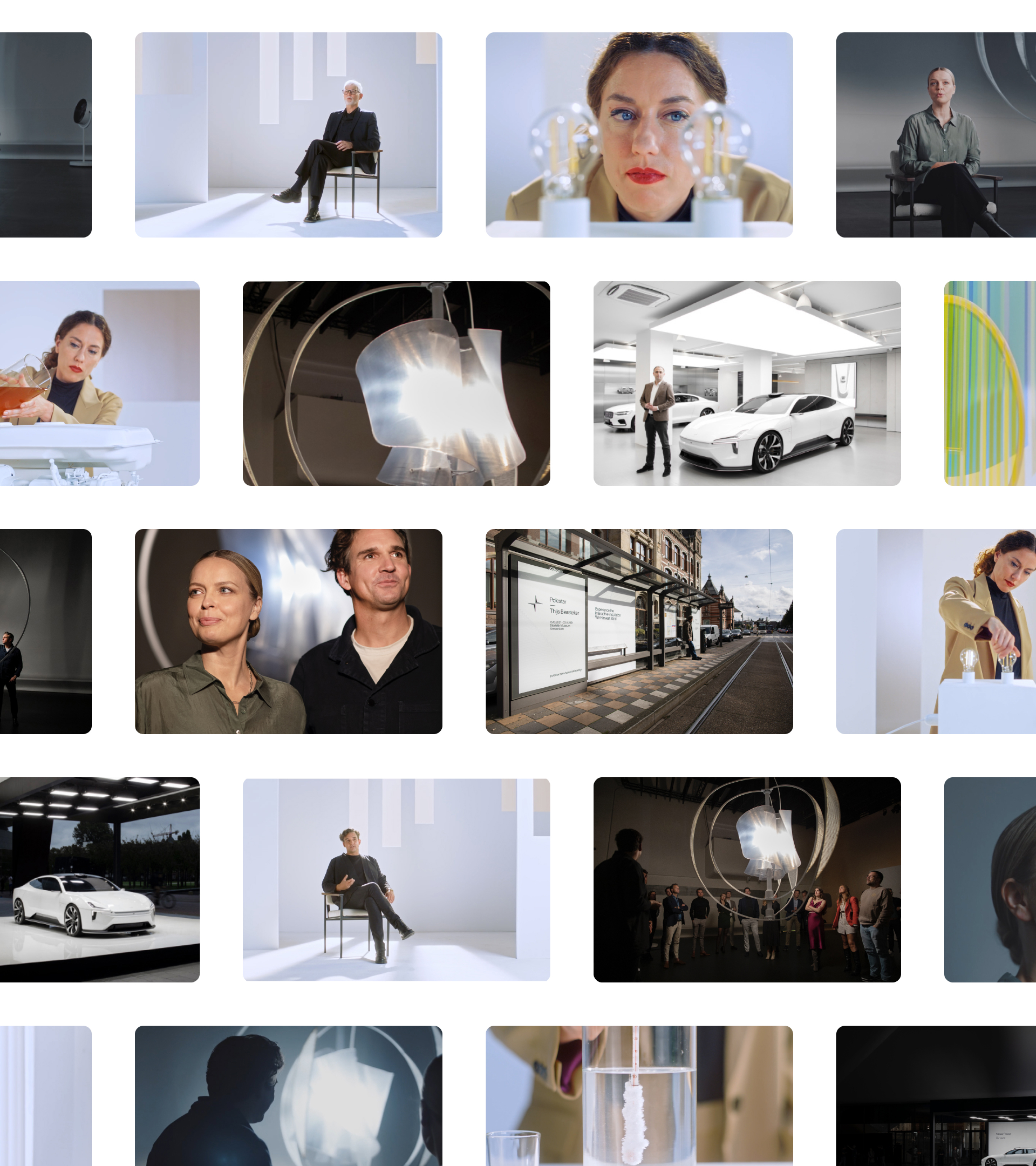 Grid with various images related to Polestar Woven, such as; the Solar Designer Marjan van Aubel and Polestar's Head of sustainability Frederika Klaren.