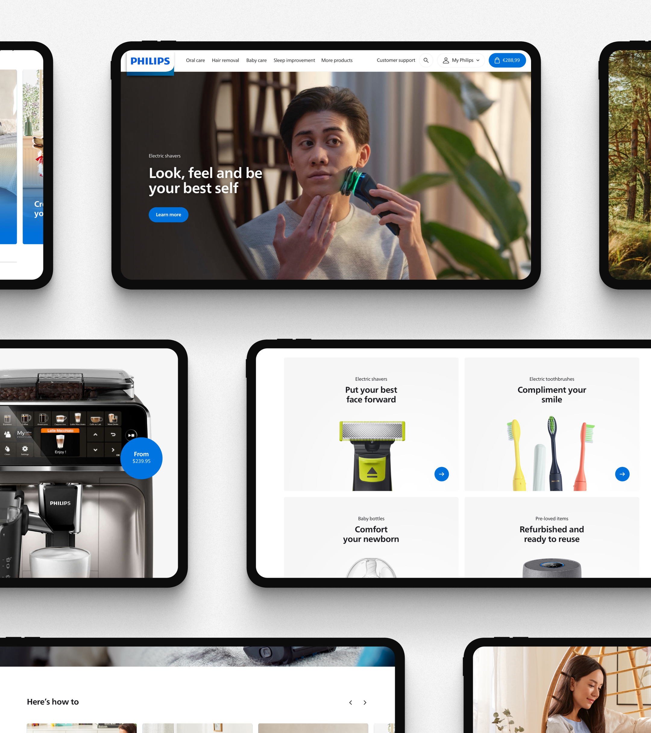 Various mobile views of the Philips website, such as; a coffee maker paroductpage and a category overview page with shavers, toothbrushes, baby bottles and pre-loved items.