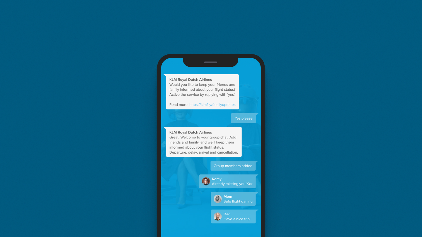 Screen of mobile device showing chat with KLM