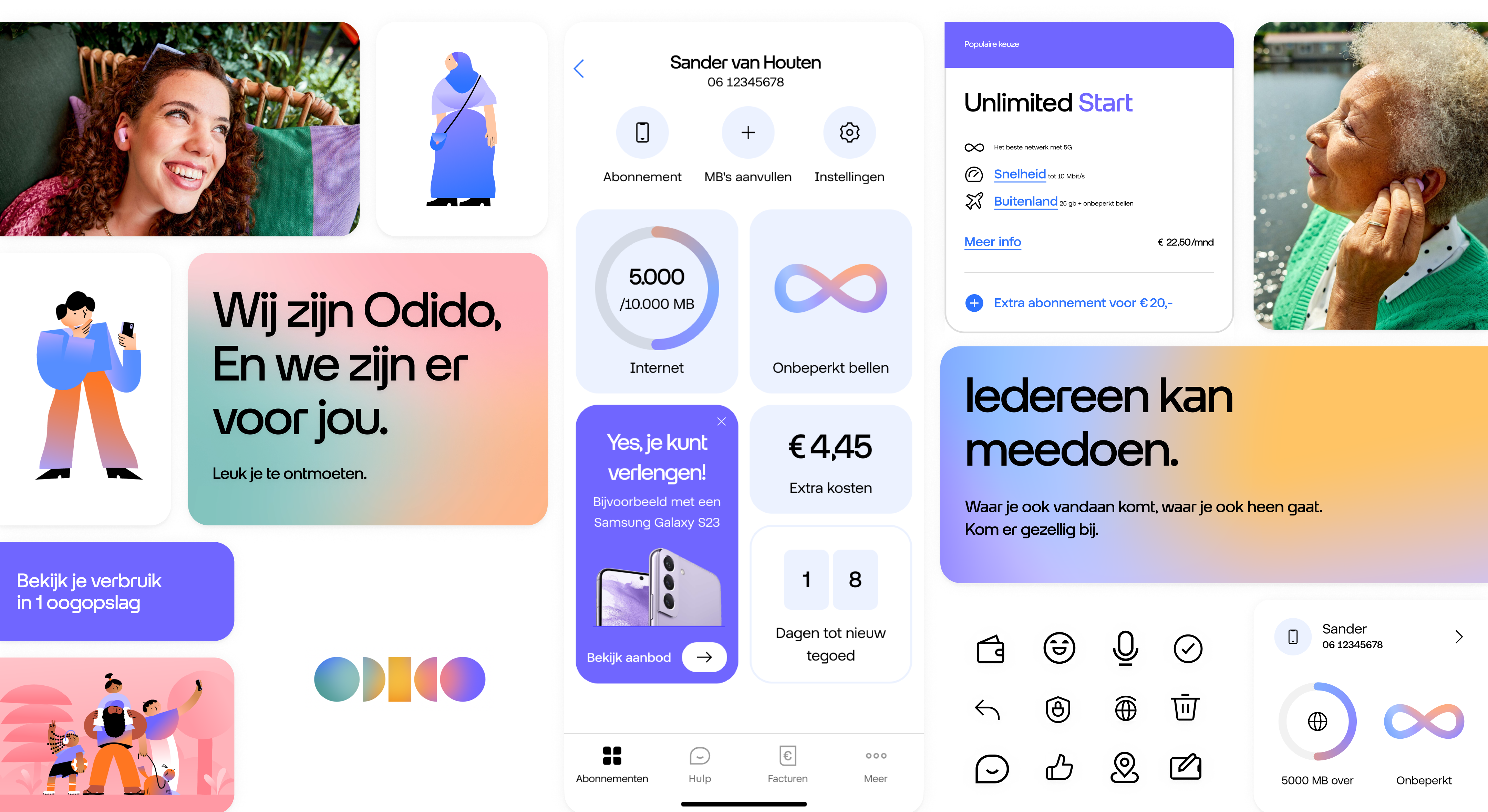 An overview of components, photos and icons that form the App design system of Odido