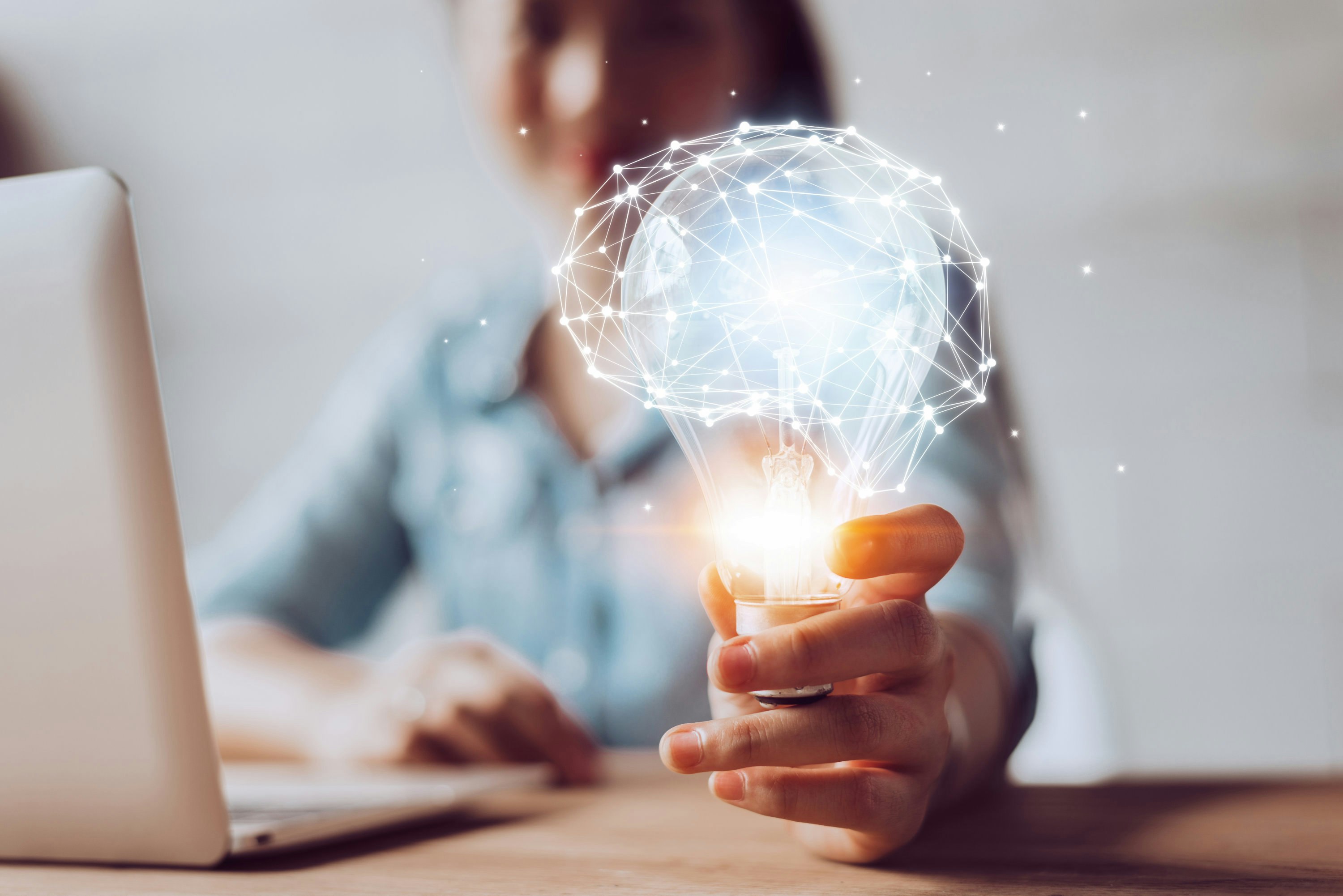 Creativity and innovative are keys to success. Concept of new idea and innovation with Brain and light bulbs.