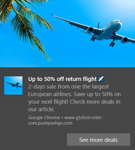 web push notification example - flight sales