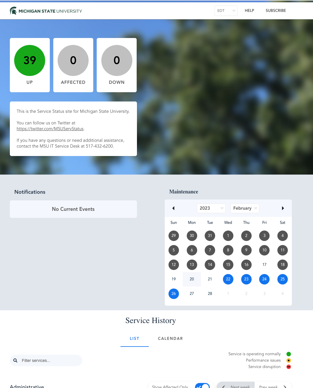 Michigan State University status page example