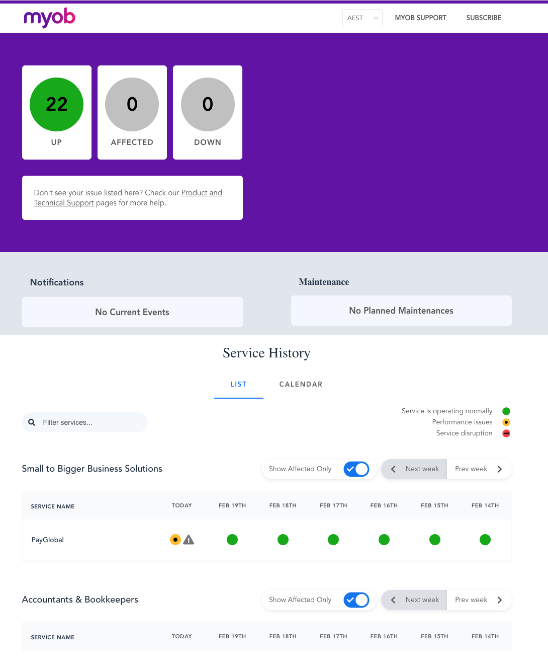 myob status page example