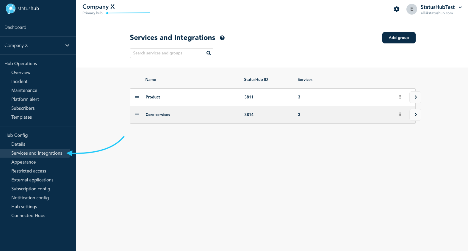 “Services and integrations” in Hub config settings