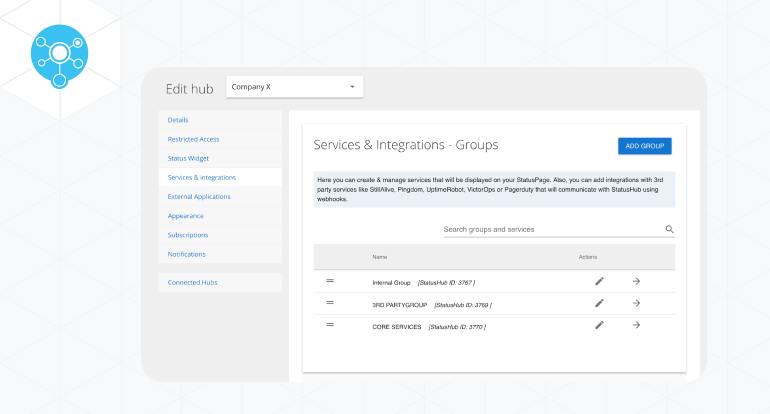 New status page design by StatusHub and connected hubs