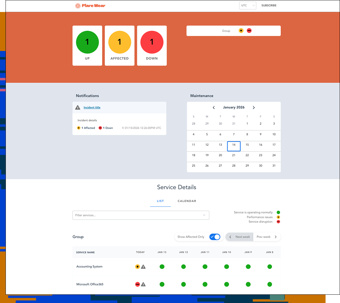 Status page of MSP Client-1 with one service affected and one service down.