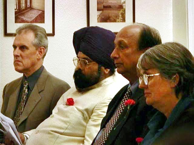 Mr. Patrick Dawson (Baha’i), Dr. D. N. Puri (Sikh), Professor A. N. Pandeya (Hindu), and Ms. Janice Johnston (Religious Society of Friends) at an interfaith devotional in the Baha’i Centre in Dublin, Ireland to mark the opening of the United Nations Millennium World Peace Summit of Religious and Spiritual Leaders in New York on 28 August 2000.