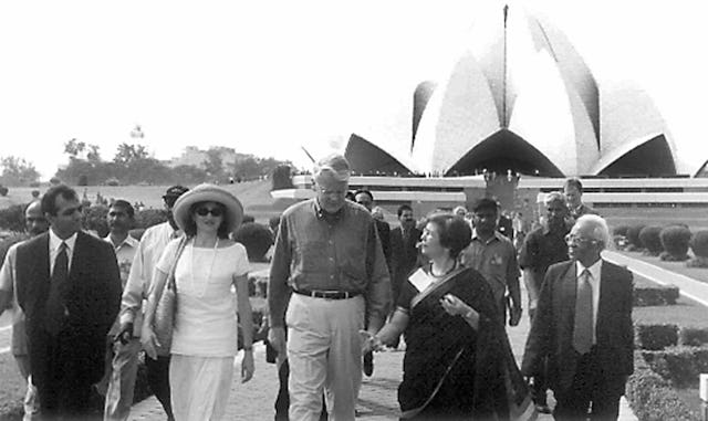 The President of Iceland, Olafur Ragnar Grimsson, tours the Baha'i House of Worship in New Delhi during an official state visit to India. He is accompanied by Mrs. Zena Sorabjee, a member of the Continental Board of Counsellors for Asia.