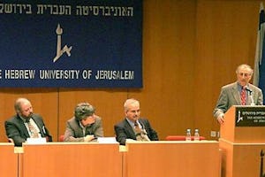 Dr. Stephen Lambden, Dr. Susan Maneck, Dr. Vahid Ra'fati and Dr. Amin Banani (left to right) participate in a panel discussion at a conference on modern religions held on 17-21 December 2000 at the Hebrew University in Jerusalem.