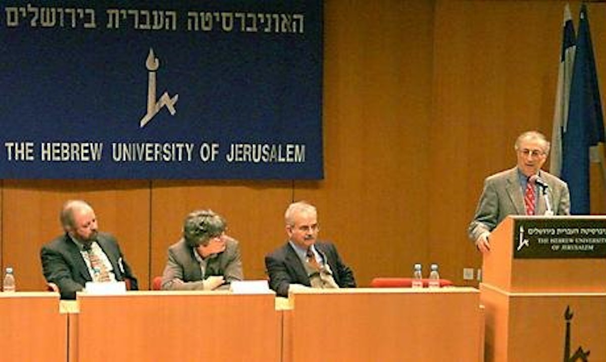 Dr. Stephen Lambden, Dr. Susan Maneck, Dr. Vahid Ra'fati and Dr. Amin Banani (left to right) participate in a panel discussion at a conference on modern religions held on 17-21 December 2000 at the Hebrew University in Jerusalem.