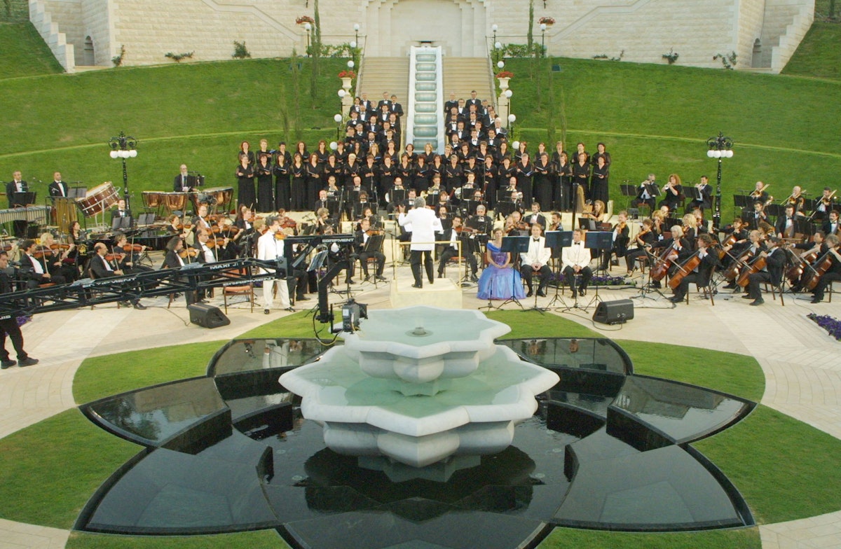 The Israel Northern Symphony Haifa with the Transylvania State Choir on the entrance plaza of the Terraces of the Shrine of the Bab on Mount Carmel.