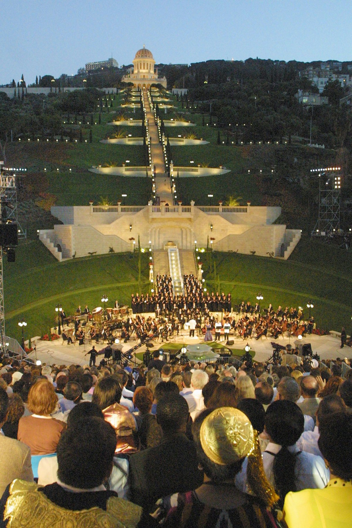 The Terraces of the Shrine of the Bab illuminated at the climax of the “Terraces of Light” oratorio.