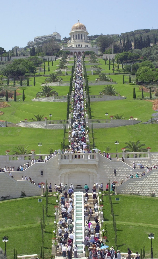 Thousands of Baha'is representing nearly every race, culture and nation stream up the central staircase of the Terraces of the Shrine of the Bab on Mount Carmel during an inaugural ceremony on 23 May 2001.