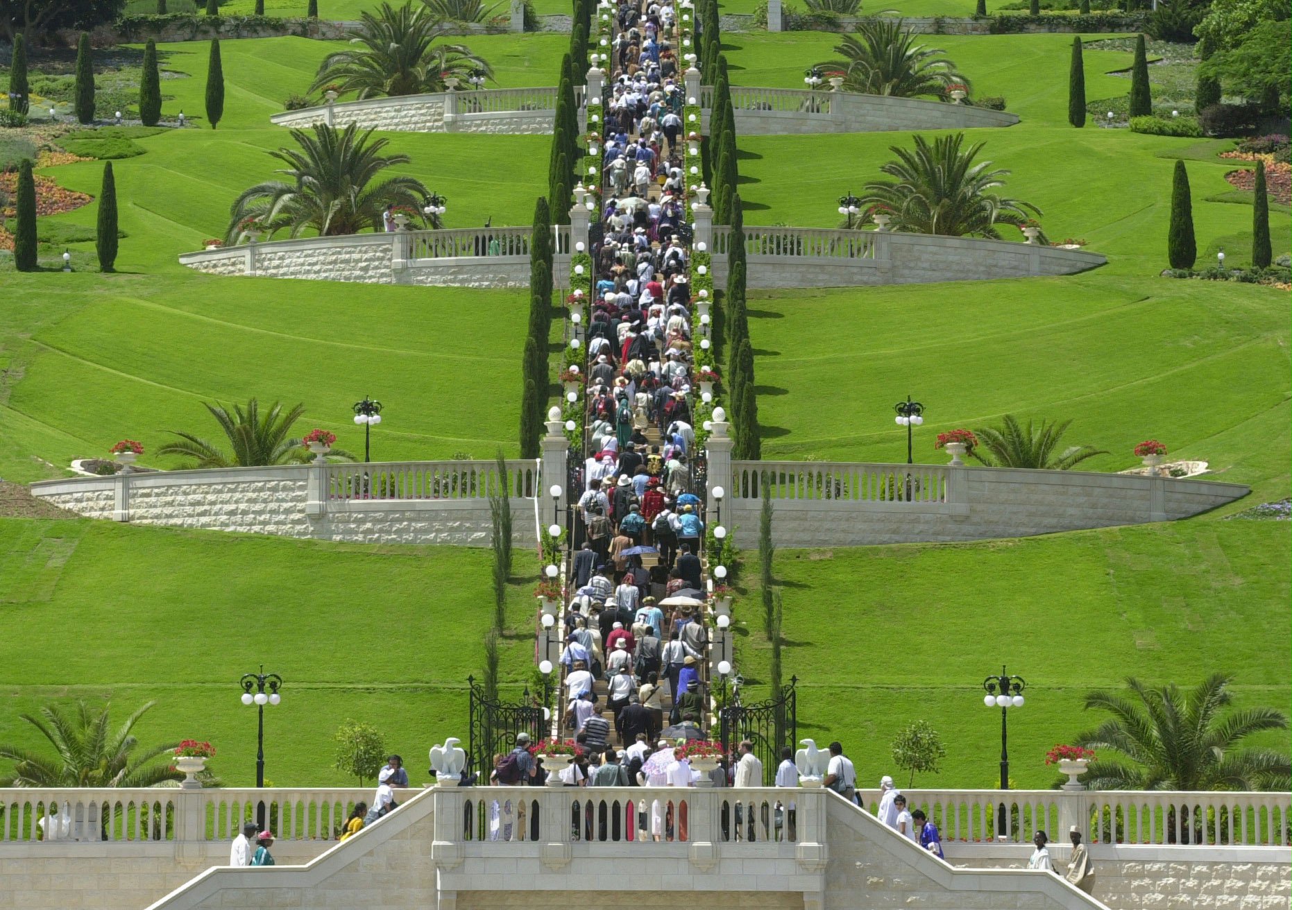 Baha'is from around the world walk up the central staircase of the Terraces on Mount Carmel as part of inaugural ceremonies held on 23 May 2001.