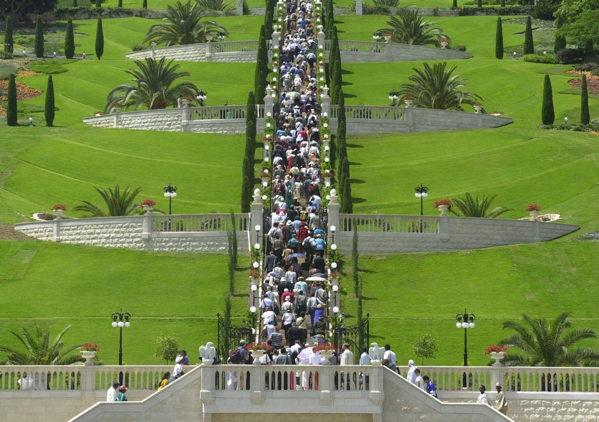 Baha'is from around the world walk up the central staircase of the Terraces on Mount Carmel as part of inaugural ceremonies held on 23 May 2001.