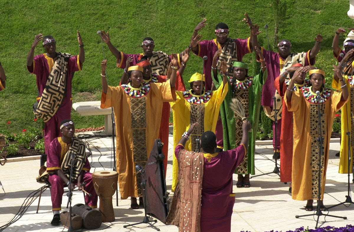 The Congo Baha'i Youth Choir singing at a devotional program at the base of the Terraces on Mount Carmel prior to the ascent of the Terraces by thousands of Baha'is from around the world.