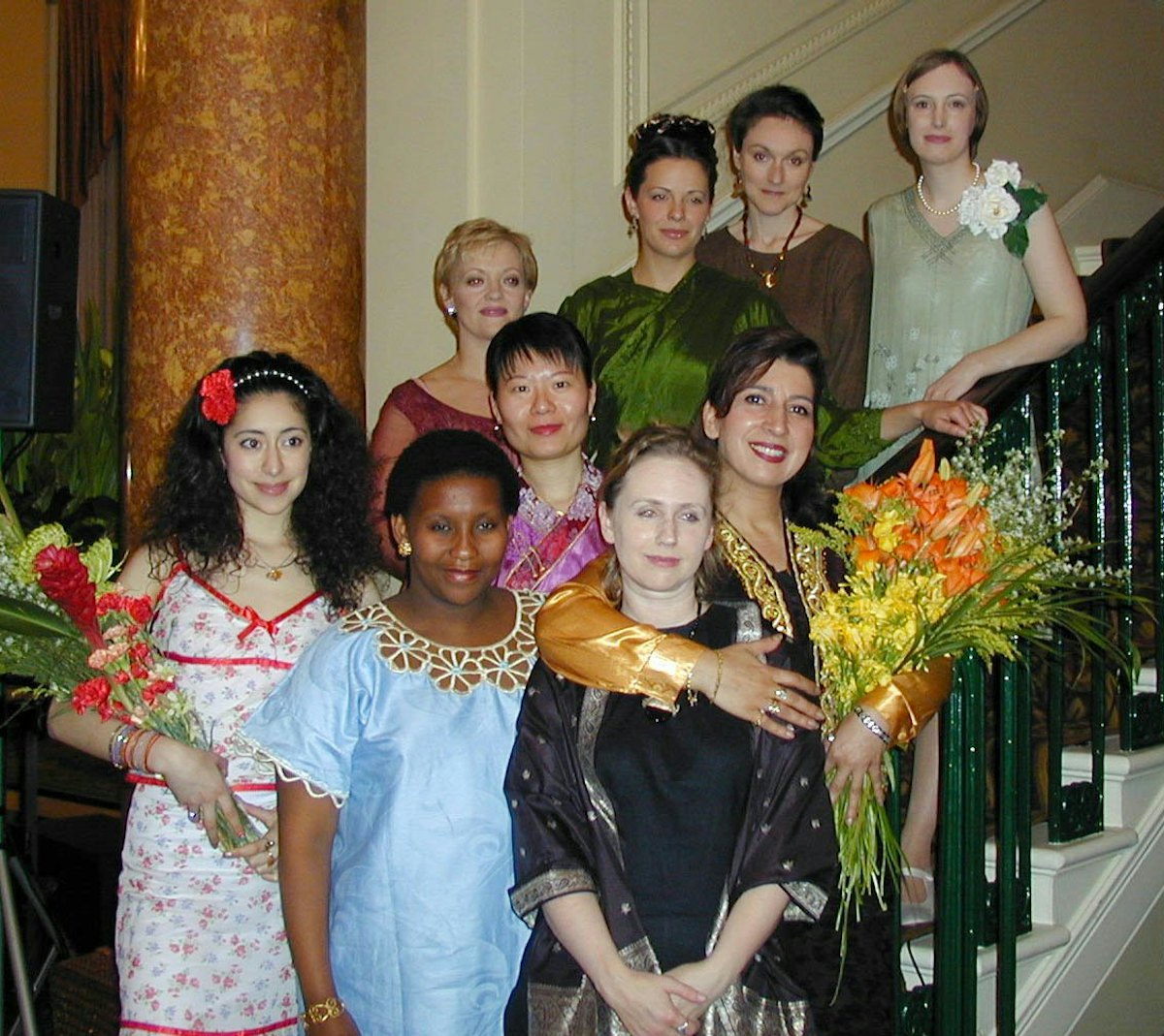 The cast of performers at an Arts for Nature tribute honoring Madame Ruhiyyih Rabbani, held 15 May 2001 in London at Canada House. The event featured not only a dramatic narrative produced especially for the occasion but also several musical numbers.