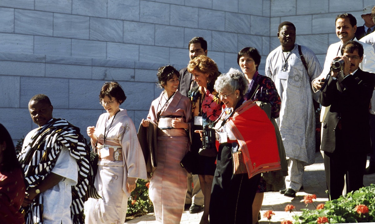 Participants in the conference to inaugurate the International Teaching Centre building on their historic first ascent of the Terraces of the Shrine of the Bab on Mount Carmel on 14 January 2001.