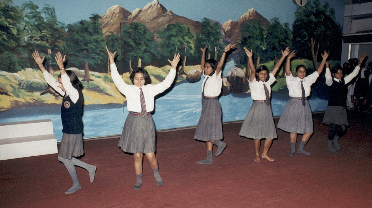 At City Montessori School, the arts are emphasized, as are moral themes that stress globalism and interfaith harmony.| Shown here are a group of primary school students in a dance class at the Gomti Nagar branch.