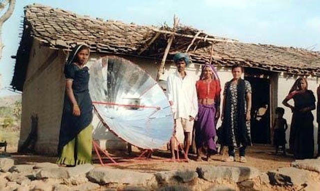 On 5 June 2002, the Barli Development Institute Rural Women handed over to five tribal families in the village of Temla, Madhya Pradesh, India, an SK14 parabolic solar cooker.| The cooker is one of 50 sponsored by school children in Austria. Manufactured by the Institute manager Mr. James McGilligan with the support of Mr. Deepak Gardhia of Valsad, the cooker uses low cost materials and basic technical knowledge, making it suitable for village use.