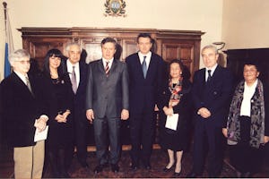 The Captains Regent of San Marino and the Baha'i delegation after the presentation of the message from the Universal House of Justice.| From left to right: Julio Savi and Lucia Ricco of the National Spiritual Assembly of the Baha'is of Italy; Sohrab Payman, of the Spiritual Assembly of the Baha'is of the Republic of San Marino; Mauro Chiaruzzi and Giuseppe Maria Morganti, the Captains Regent of the Republic of San Marino; Tabandeh Payman of Spiritual Assembly of the Baha'is of the Republic of San Marino; Alberto Cecchetti, Secretary of State for Justice, Republic of San Marino; Ghitty Payman of the Spiritual Assembly of the Baha'is of the Republic of San Marino.