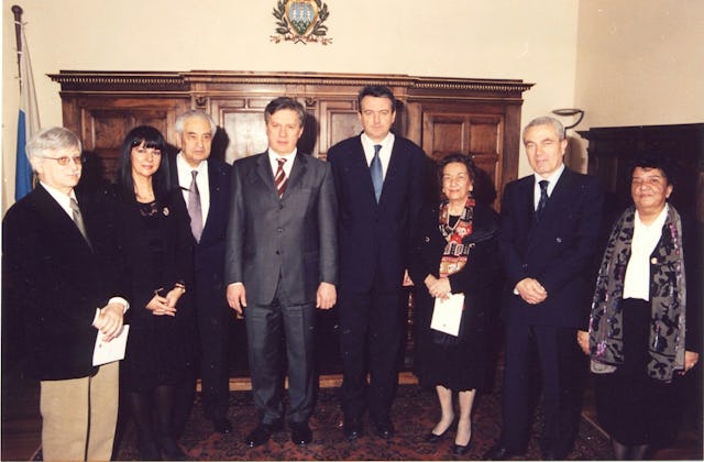 The Captains Regent of San Marino and the Baha'i delegation after the presentation of the message from the Universal House of Justice.| From left to right: Julio Savi and Lucia Ricco of the National Spiritual Assembly of the Baha'is of Italy; Sohrab Payman, of the Spiritual Assembly of the Baha'is of the Republic of San Marino; Mauro Chiaruzzi and Giuseppe Maria Morganti, the Captains Regent of the Republic of San Marino; Tabandeh Payman of Spiritual Assembly of the Baha'is of the Republic of San Marino; Alberto Cecchetti, Secretary of State for Justice, Republic of San Marino; Ghitty Payman of the Spiritual Assembly of the Baha'is of the Republic of San Marino.