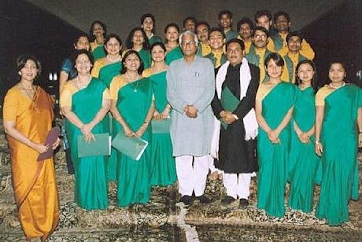 Defence Minister of India, Mr. George Fernandes (center left) with the choir at the Baha'i House of Worship, India.