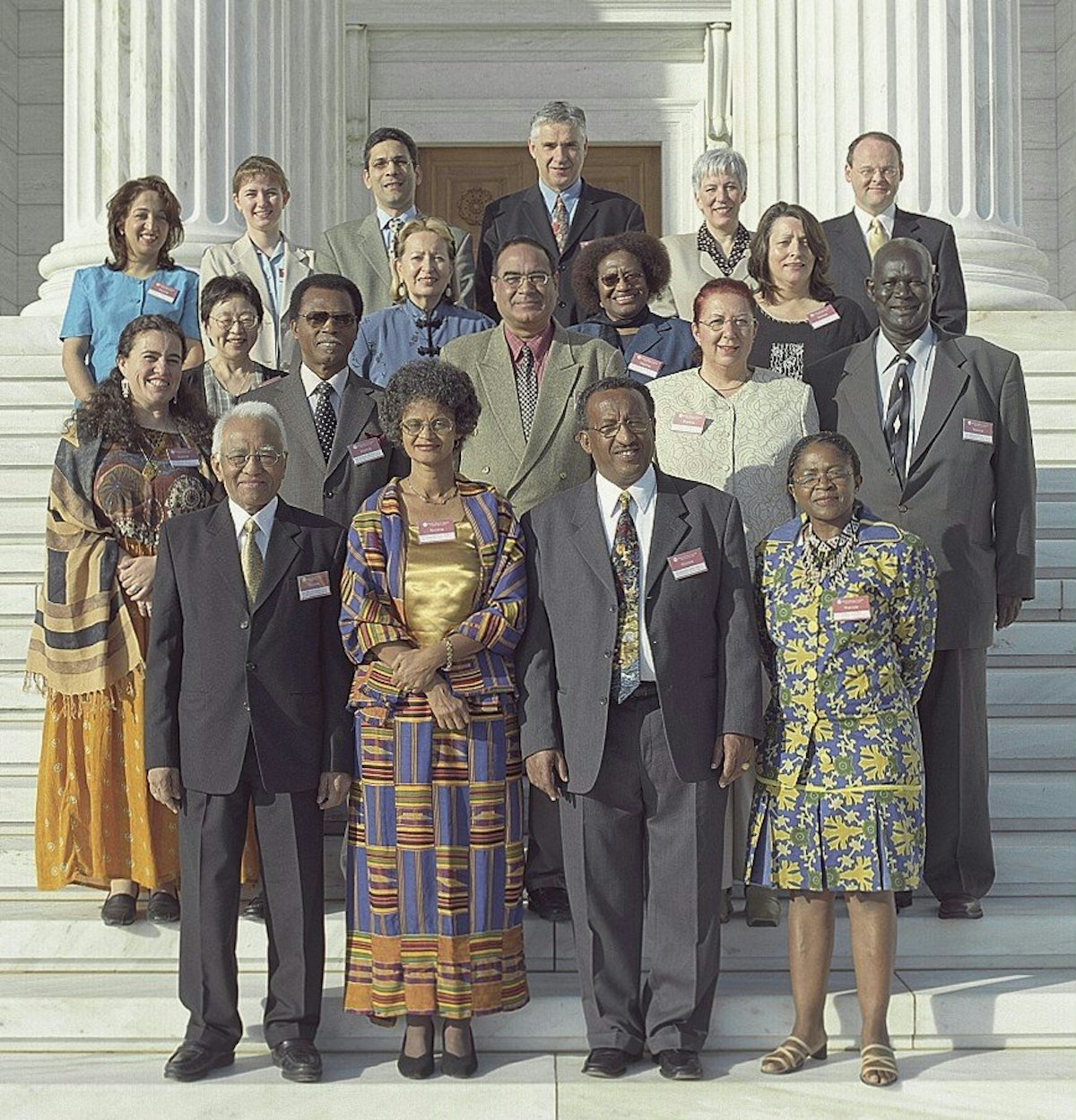 Nineteen tellers assembled at the Baha'i World Centre on Mount Carmel on 29 April 2003 to tally the votes in the election for the Universal House of Justice. The ballots were posted by members of the world's 178 National Spiritual Assemblies.| The tellers came from Africa (Ethiopia, Ghana, Kenya, South Africa), the Americas (Bahamas, Canada, Colombia, United States), Europe (Austria, Greece, Hungary, Turkey, United Kingdom), Asia (two from India, Japan); Australia and Oceania (Australia, Papua New Guinea, Marshall Islands).