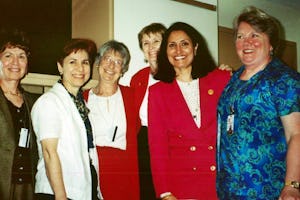 UN Baha'i principal representative, Bani Dugal, (second right), Chair of the NGO Committee on the Status of Women with other members of the Executive. At far right is outgoing Chair, Leslie Wright.