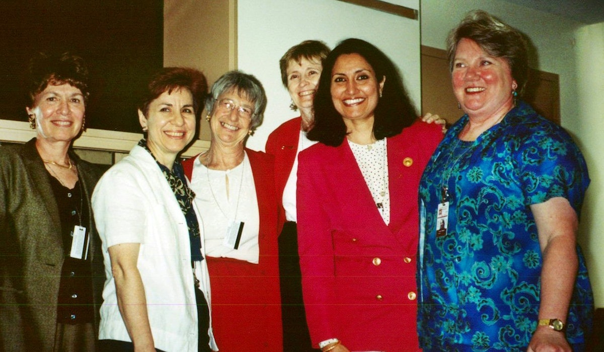 UN Baha'i principal representative, Bani Dugal, (second right), Chair of the NGO Committee on the Status of Women with other members of the Executive. At far right is outgoing Chair, Leslie Wright.