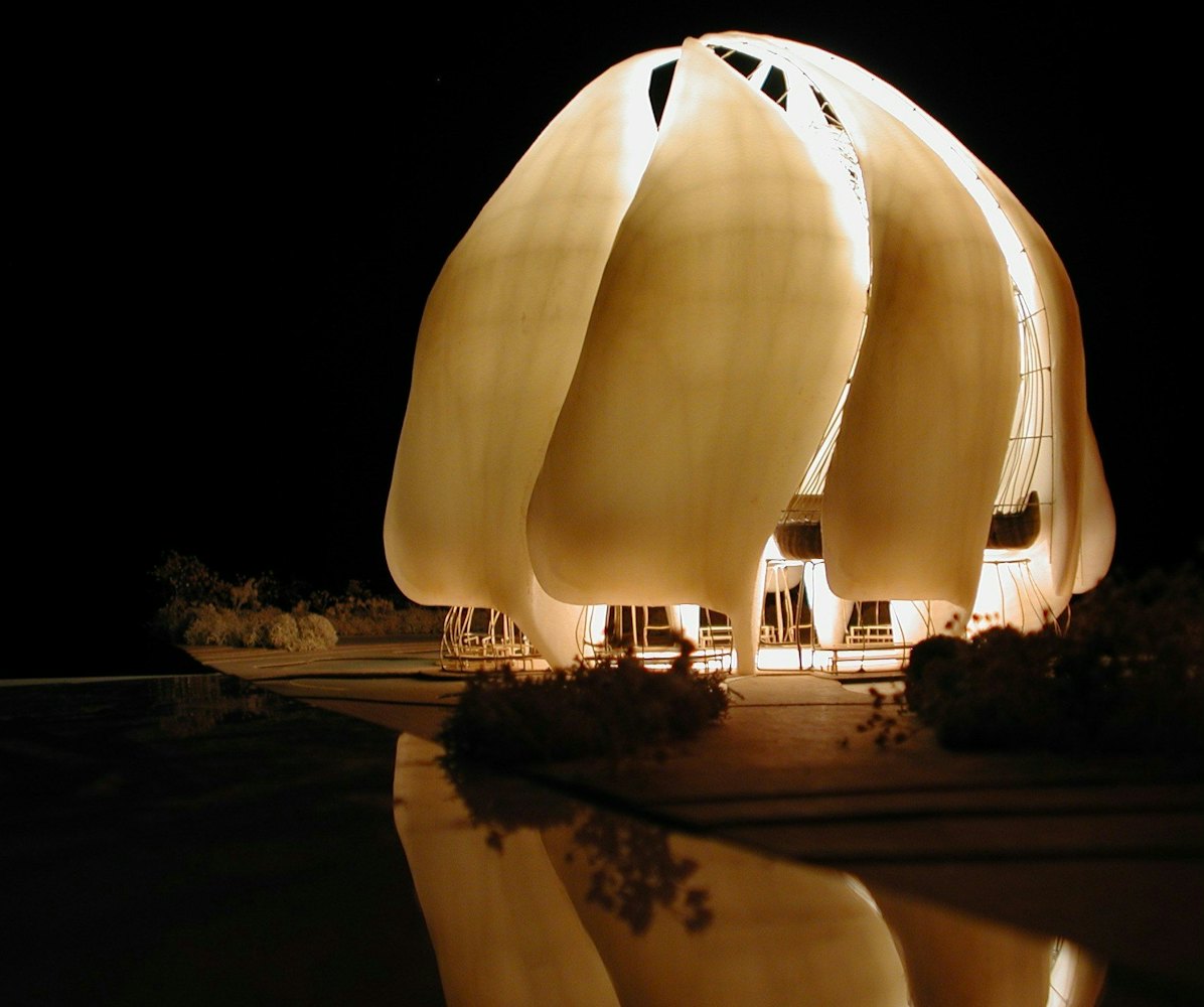 Light shines from within a model of the new Baha'i Temple chosen for Chile.